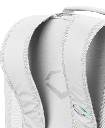 White bat bag backpack back panel with logo patch and ventilation mesh