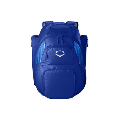 Evoshield bat bag backpack in navy blue, padded front panel and side carry straps