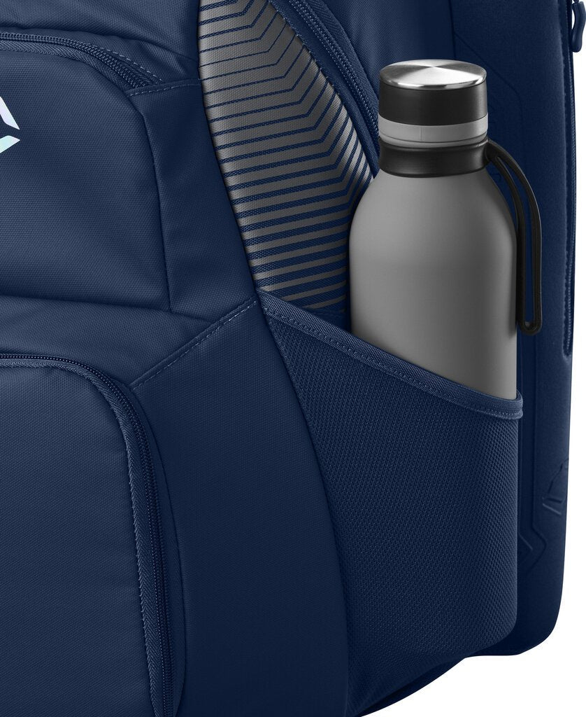 Navy baseball bat backpack detail with padded front, zip trim, and water bottle pocket