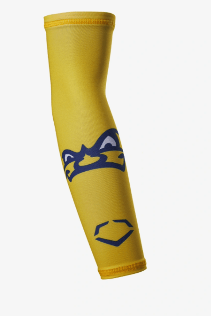 Yellow compression arm sleeve with blue Savannah Bananas logo graphic