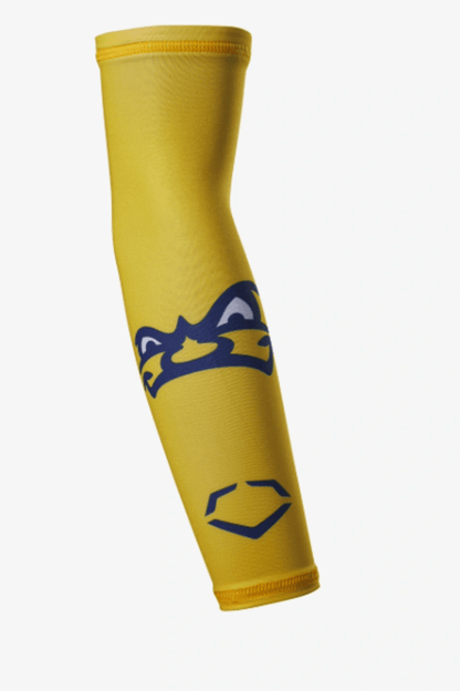 Yellow compression arm sleeve with blue Savannah Bananas logo graphic