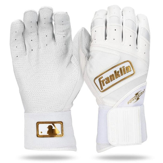Pair of white batting gloves with Franklin PowerStrap logo on wrist