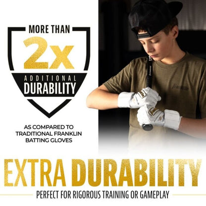 White batting gloves on a person’s hands, snug wrist fit