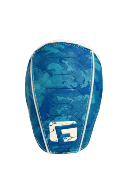 Blue camo elbow guard pad with white trim and visible logo front