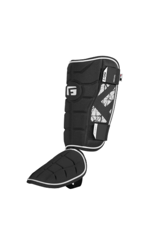 Right-handed baseball leg guard, black padded shin plate with ankle strap