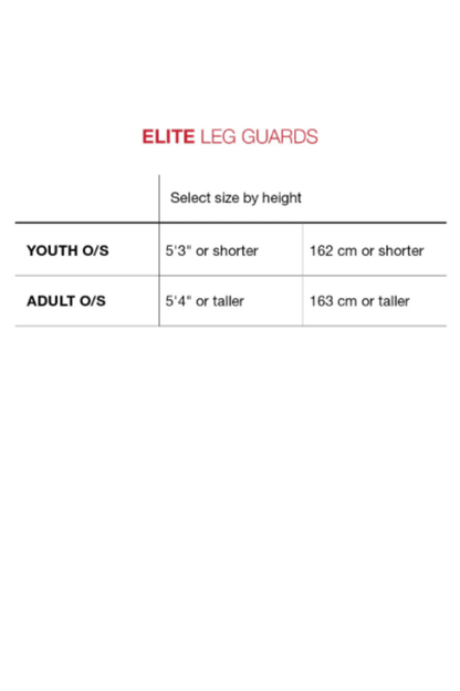 Elite leg guards size chart: youth O/S and adult O/S height ranges