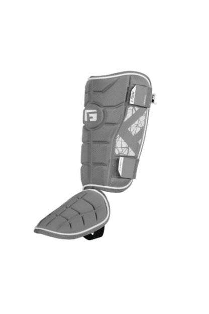 Right-handed black padded leg guard with G-Form logo patch and straps