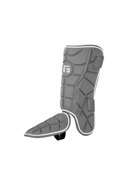 Right-handed baseball leg guard, grey padded shin plate with ankle guard
