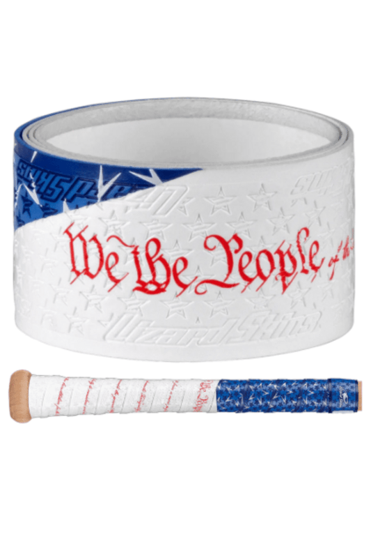 Bat grip by Lizard Skins, white with red script and blue speckled edge, 1.1 mm
