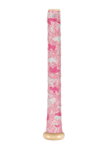 Pink bat grip tape strip with frosted cookie pattern and beige end cap, 1.1 mm
