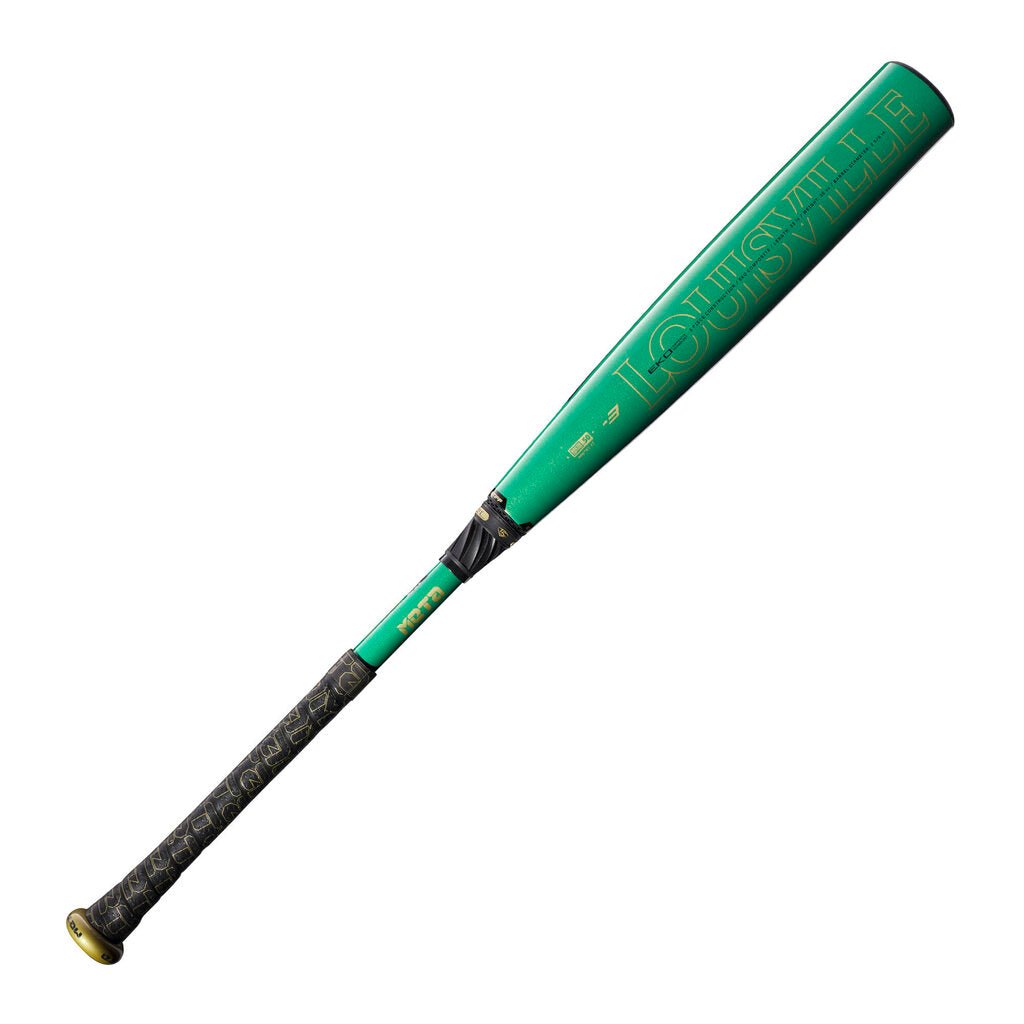 Green Louisville Slugger META BBCOR bat with black handle and end cap
