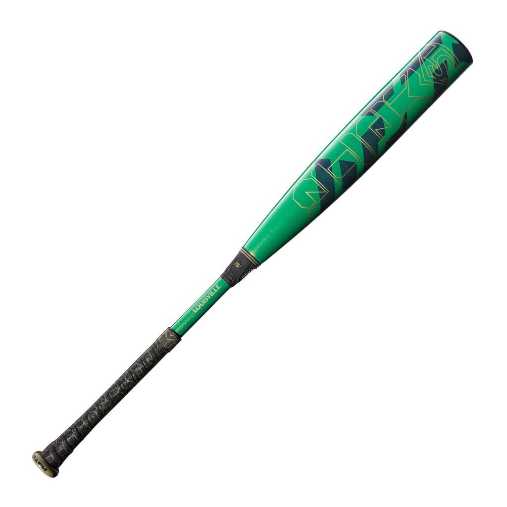 Green composite baseball bat with black handle, end cap visible