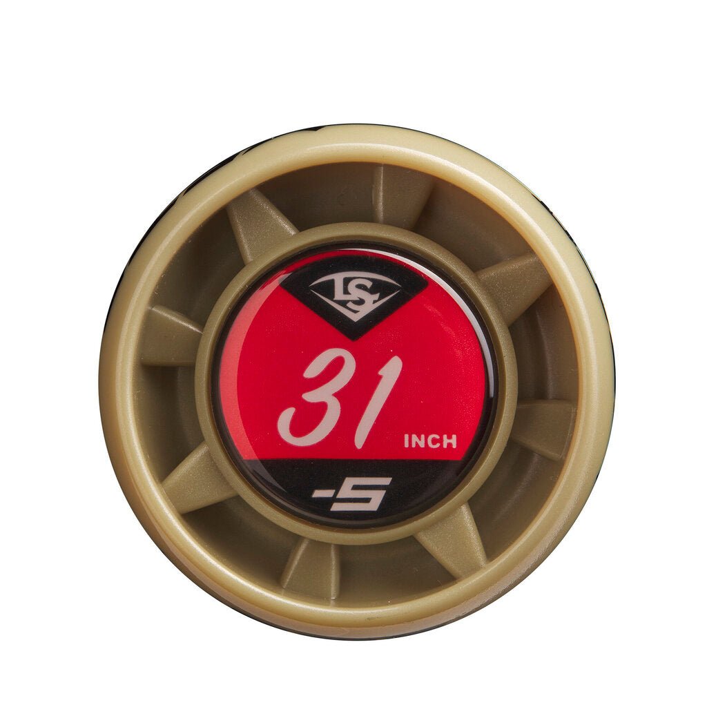Baseball bat end cap showing 31 inch and -5 size markings