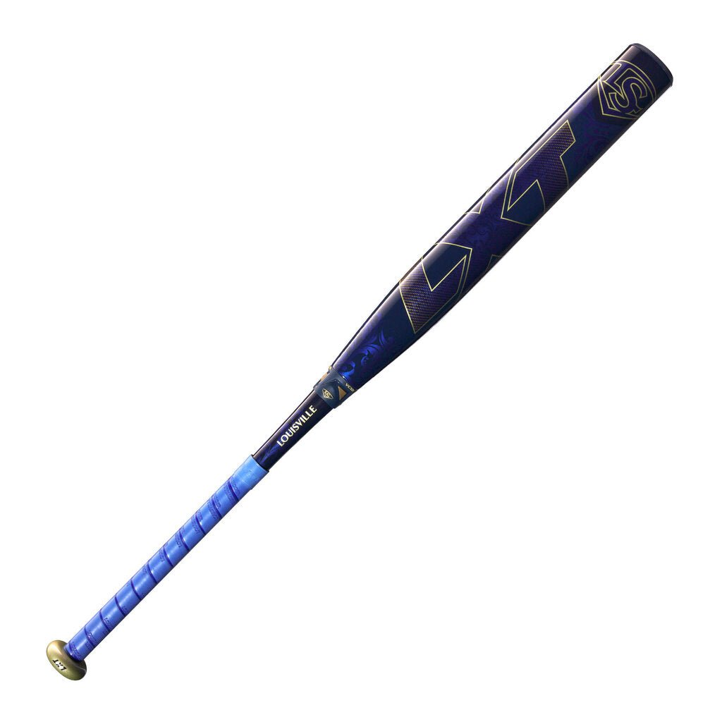 Fastpitch softball bat in navy with gold accents and blue handle grip