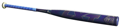 Fastpitch softball bat side view with navy finish and blue grip