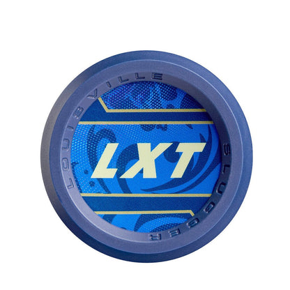 Softball bat grip end with LXT logo in blue and gold