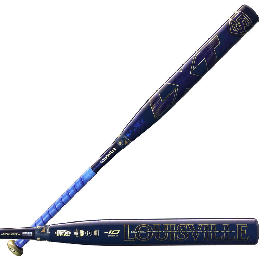 Fastpitch softball bat with navy barrel, gold lettering, and -10 marking