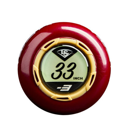 Baseball bat end cap with 33 inch marking, burgundy finish with gold LS ring