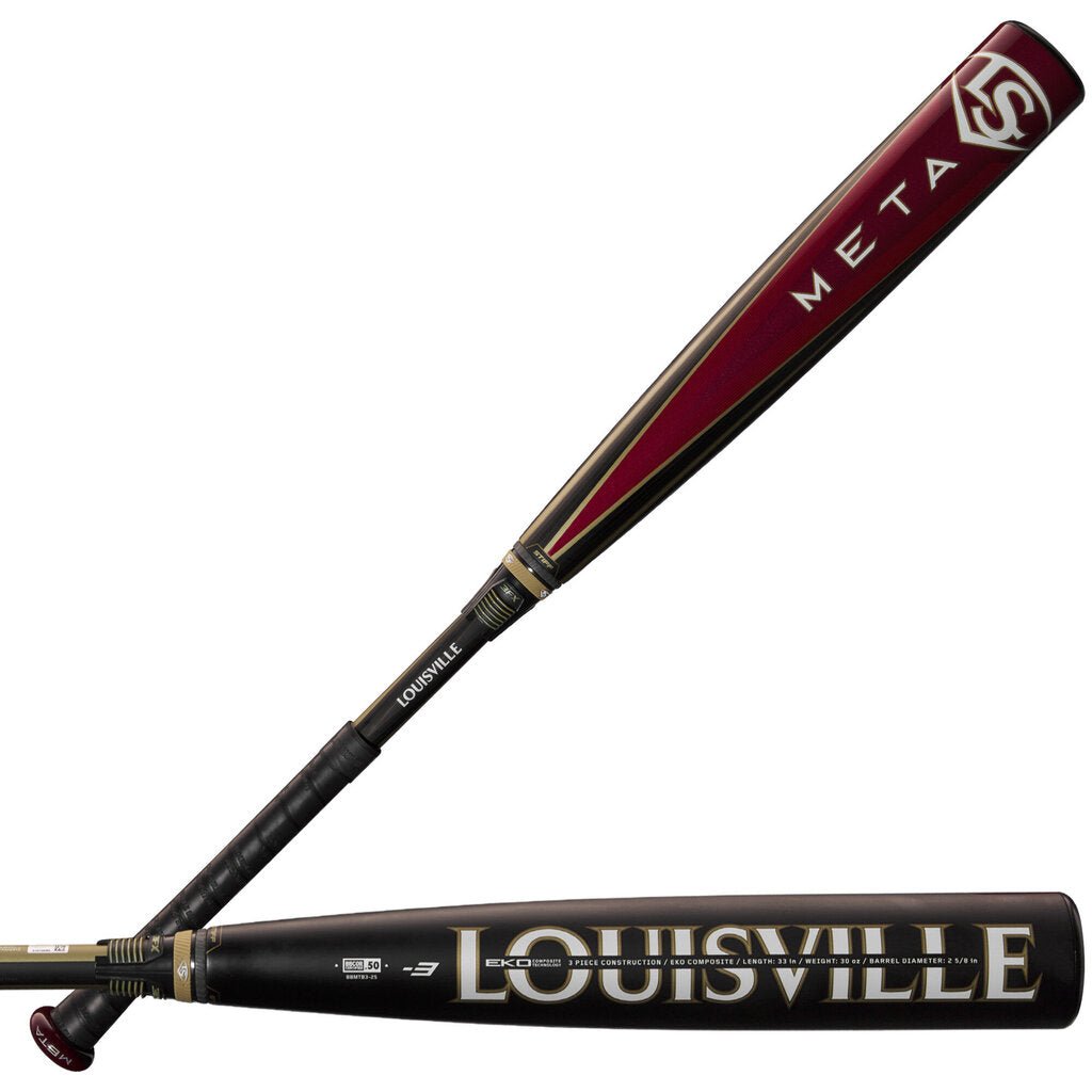 Louisville Slugger BBCOR bat, black barrel with red stripe, gold accents and EXO logo