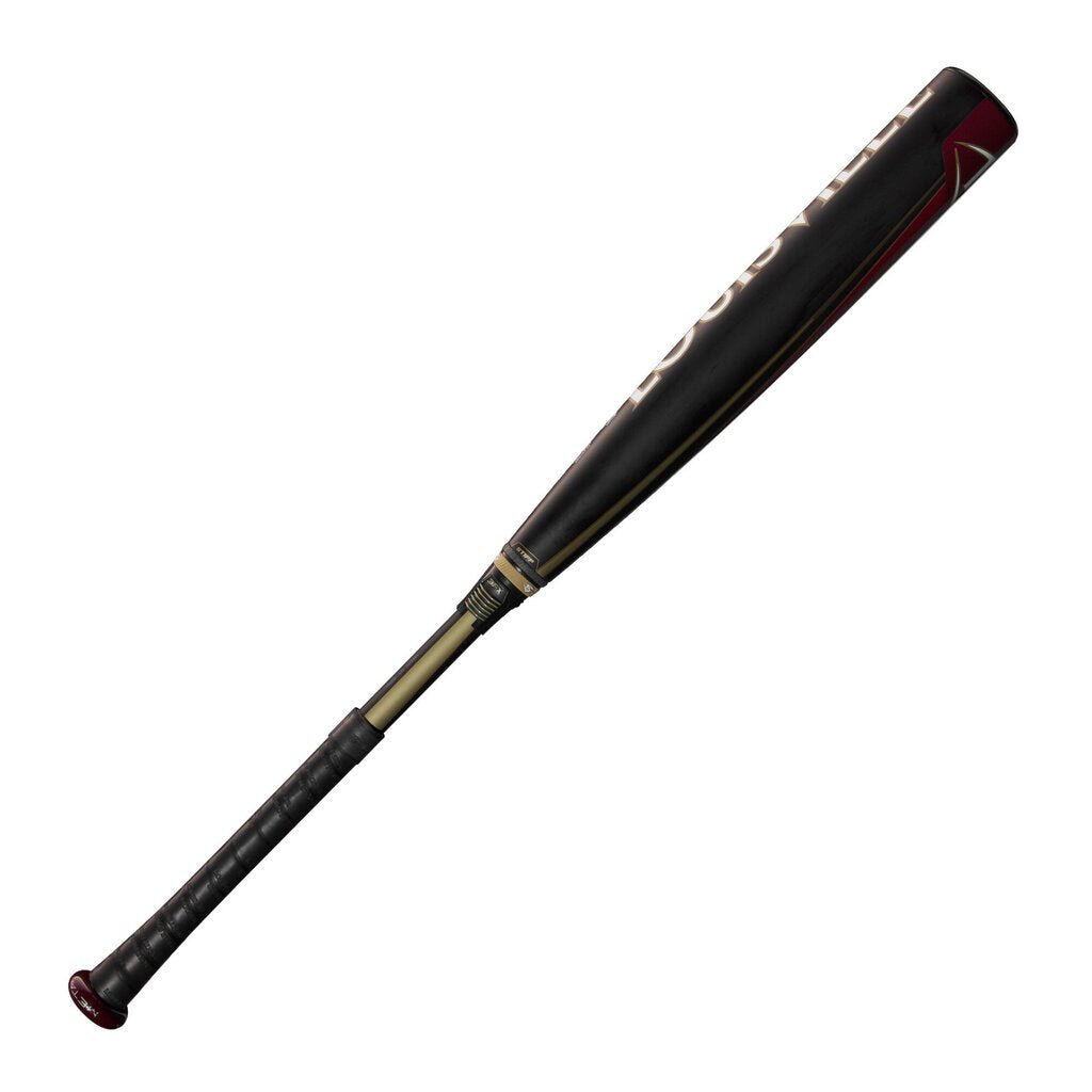 Baseball bat with black finish, red-trim end cap, and gold grip rings on handle