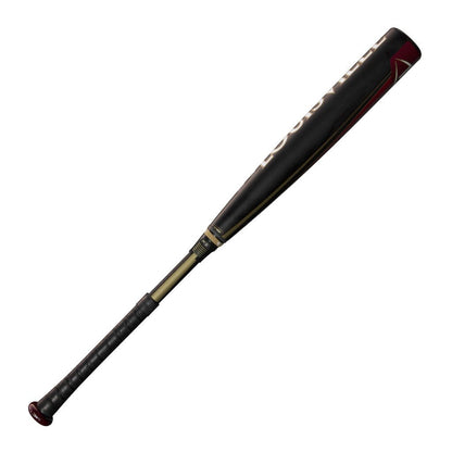 Baseball bat with black finish, red-trim end cap, and gold grip rings on handle