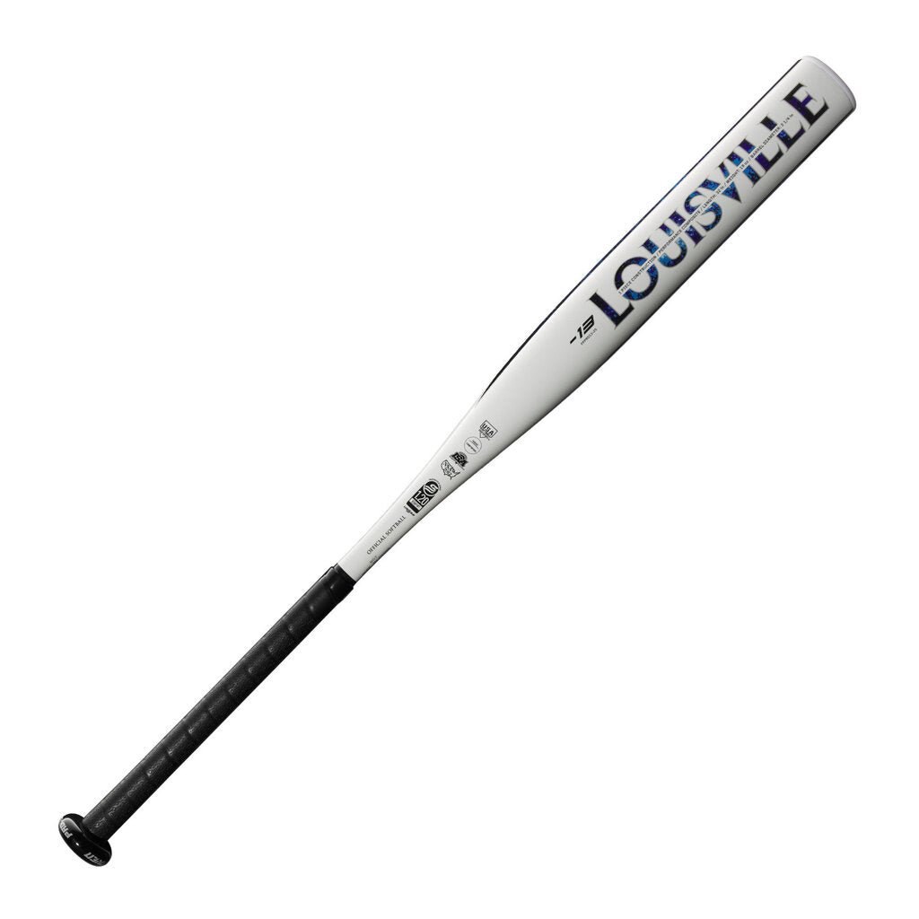 Fastpitch softball bat with white barrel and blue Louisville graphics; black handle
