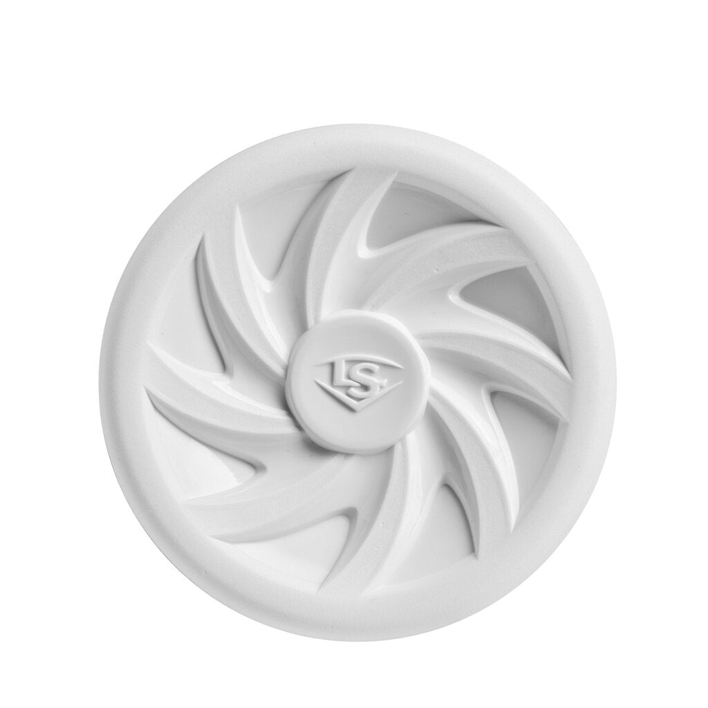 Softball bat end cap with embossed LS logo on white composite