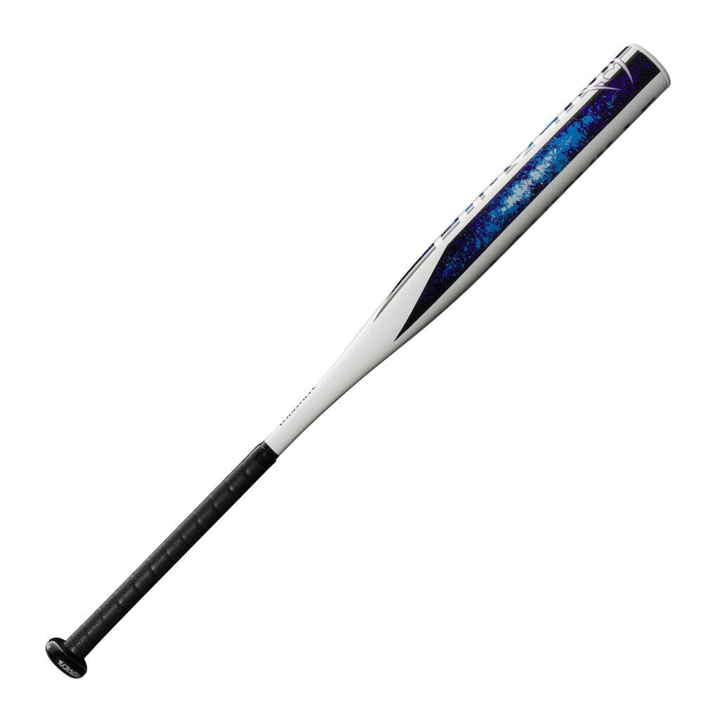 Fastpitch softball bat angled view with white barrel, blue speckled graphics, black handle