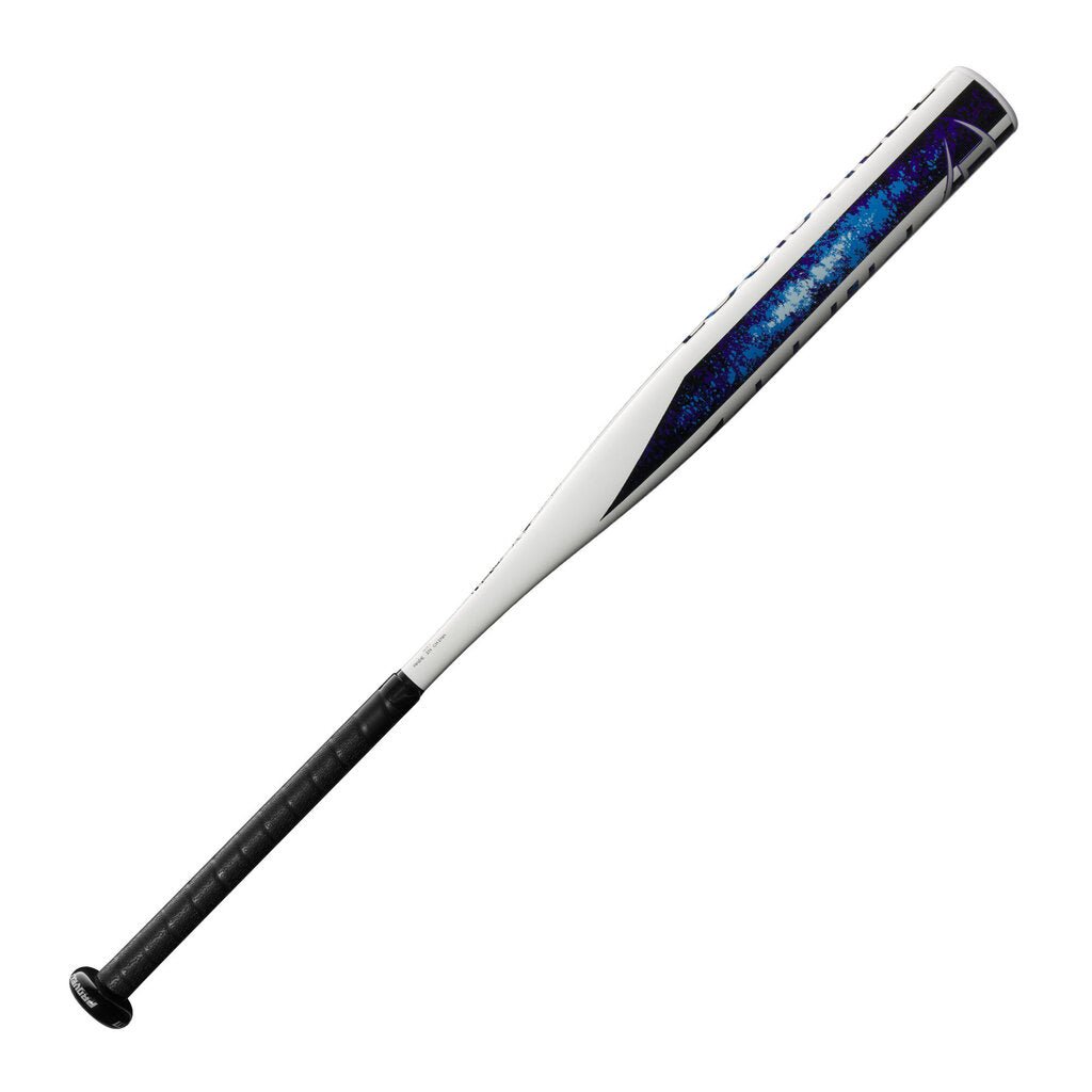 Fastpitch softball bat with white barrel, blue speckled graphics, and black handle
