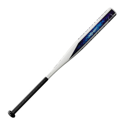 Fastpitch softball bat with white barrel, blue speckled graphics, and black handle