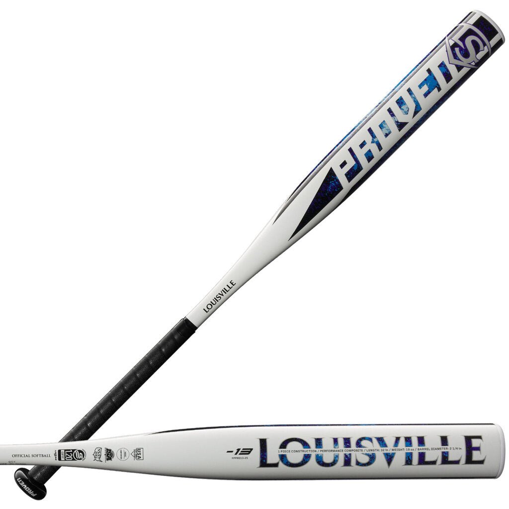 Fastpitch softball bat barrel with Louisville branding and -13 mark; white and black design