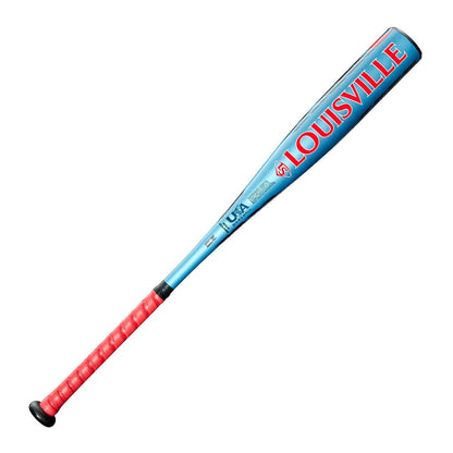 Baseball bat with blue barrel and red grip, Louisville Slugger Atlas -11