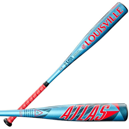 Baseball bat with blue barrel and red handle, Atlas branding on barrel