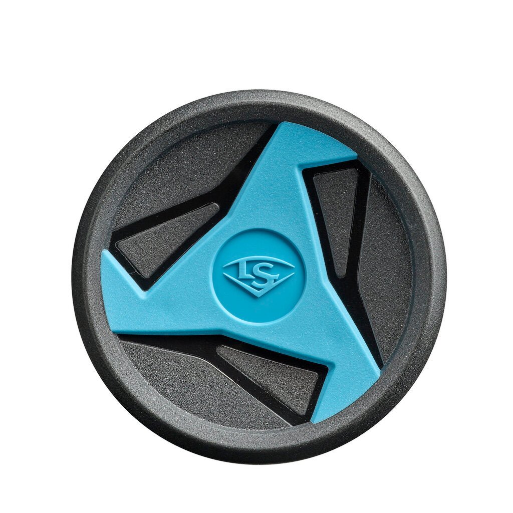 Baseball bat end cap with blue insert and LS logo, black rubber ring