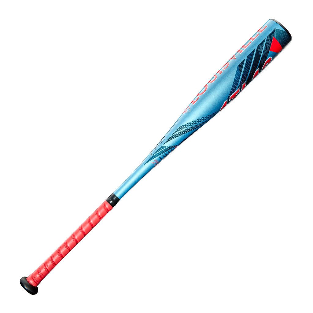 Baseball bat with blue barrel and red grip, side view of barrel graphics