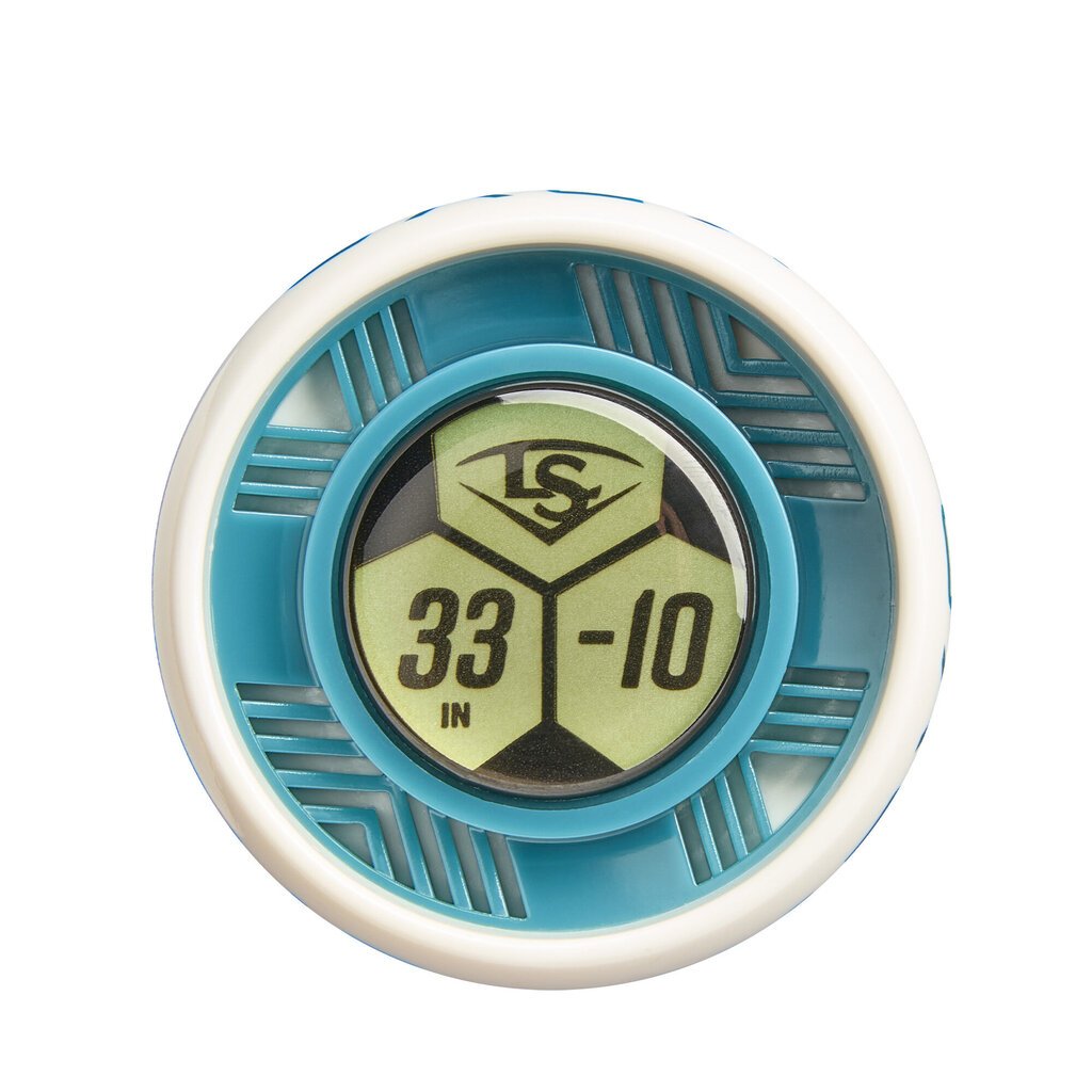Softball bat end cap with LS logo and 33 in, -10 marking