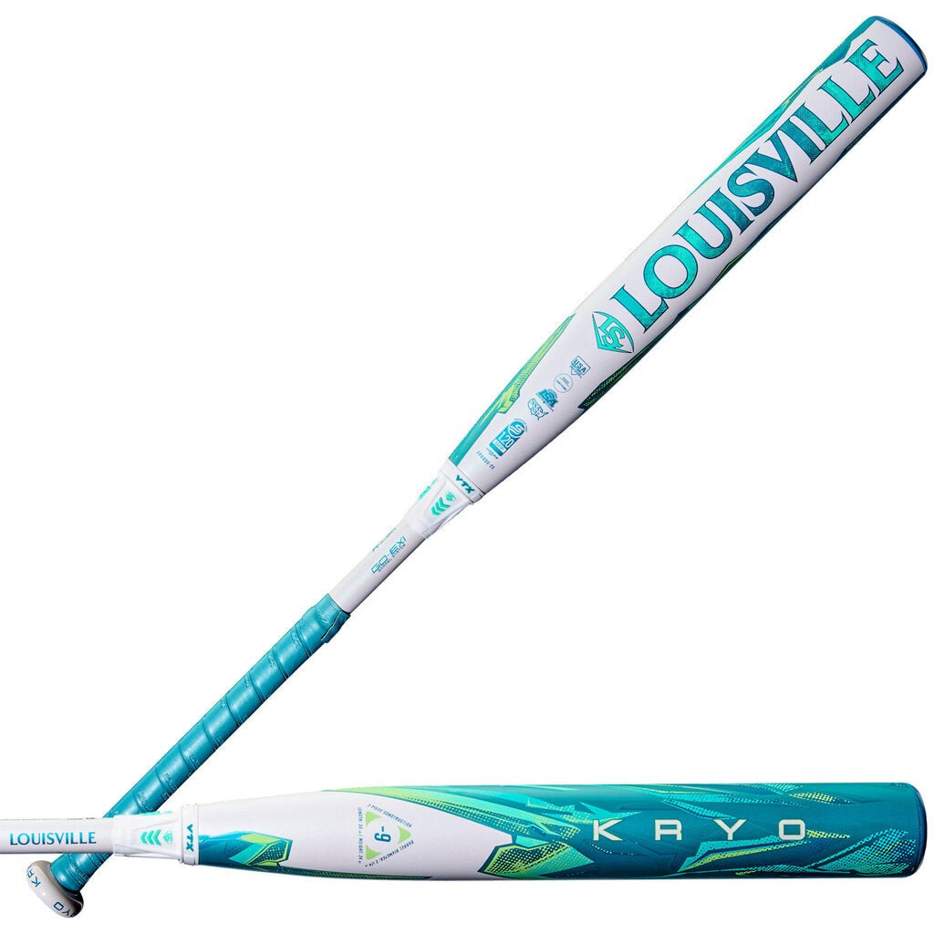 Teal and white fastpitch softball bat showing Louisville logo and Kryo text