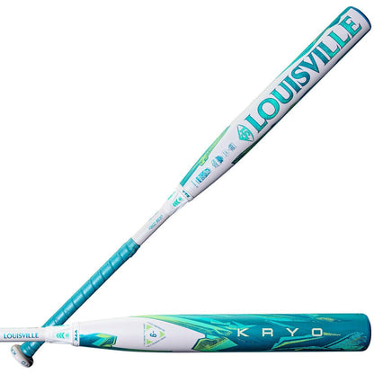 Teal and white fastpitch softball bat showing Louisville logo and Kryo text
