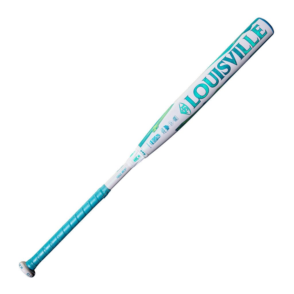 Fastpitch softball bat, white barrel with teal accents and Louisville branding