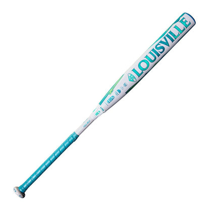 Fastpitch softball bat, white barrel with teal accents and Louisville branding