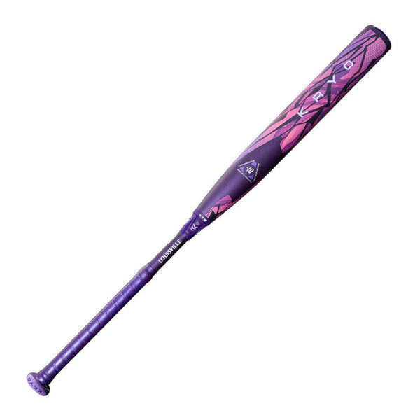 Louisville Slugger fastpitch softball bat with purple handle and pink lightning graphics