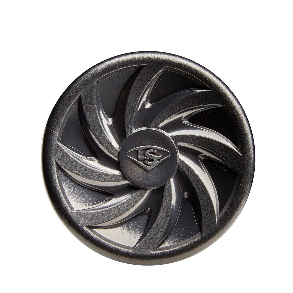 Baseball bat end cap with LS logo and metallic swirl design