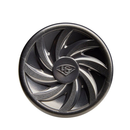 Baseball bat end cap with LS logo and metallic swirl design