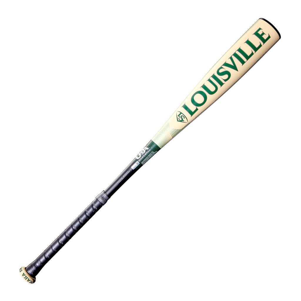 Baseball bat, pale barrel with green “Louisville” lettering and dark handle
