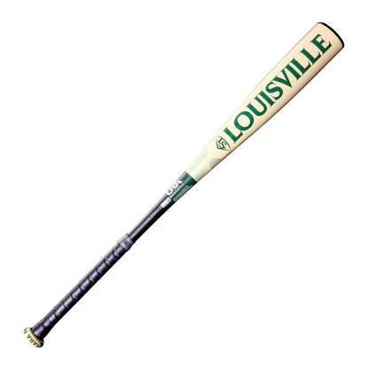 Baseball bat, pale barrel with green “Louisville” lettering and dark handle