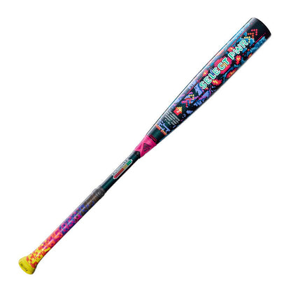 Baseball bat with Select PWR graphic, teal/black/pink barrel and yellow end cap