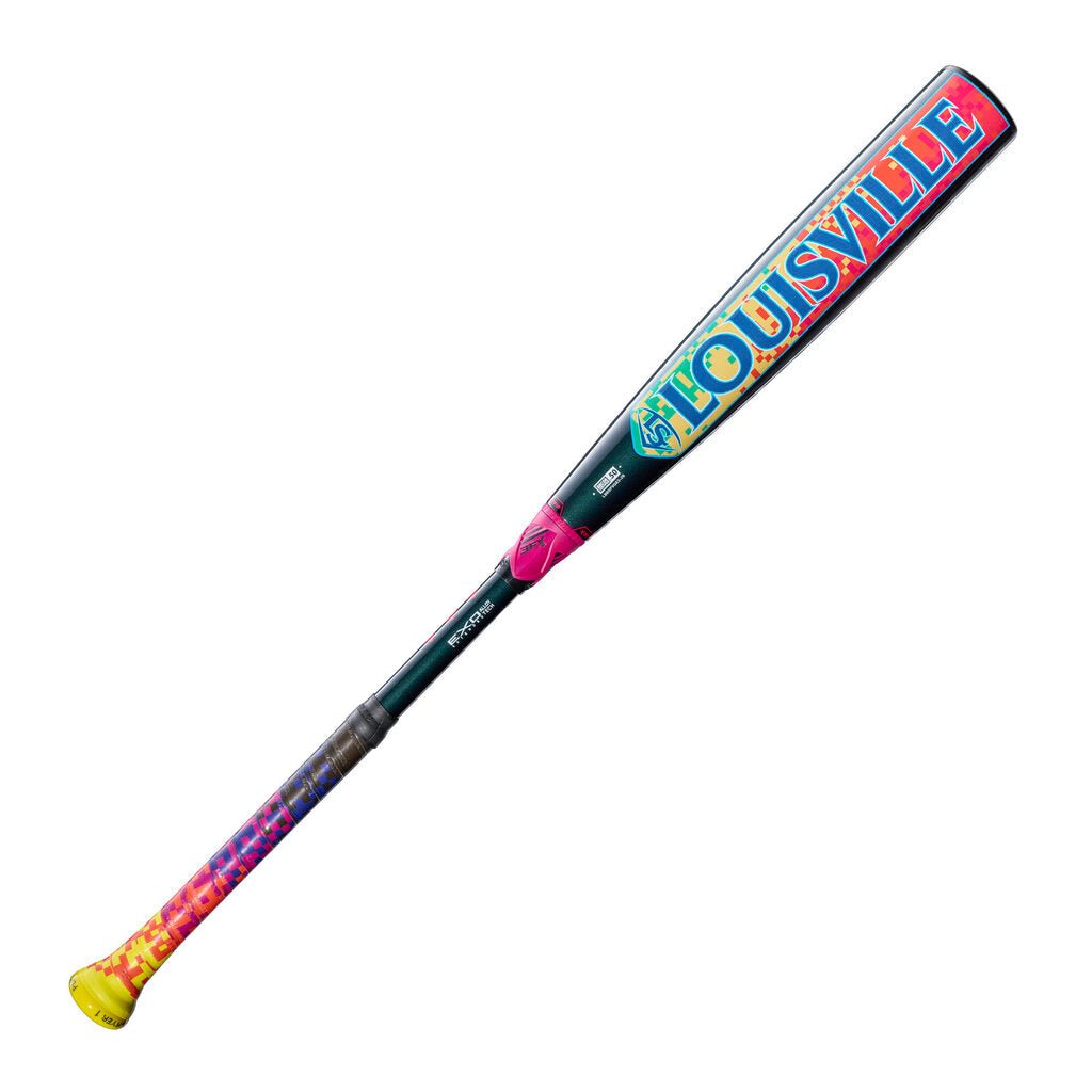 Baseball bat with Louisville Slugger Select PWR, teal/black design and yellow handle end
