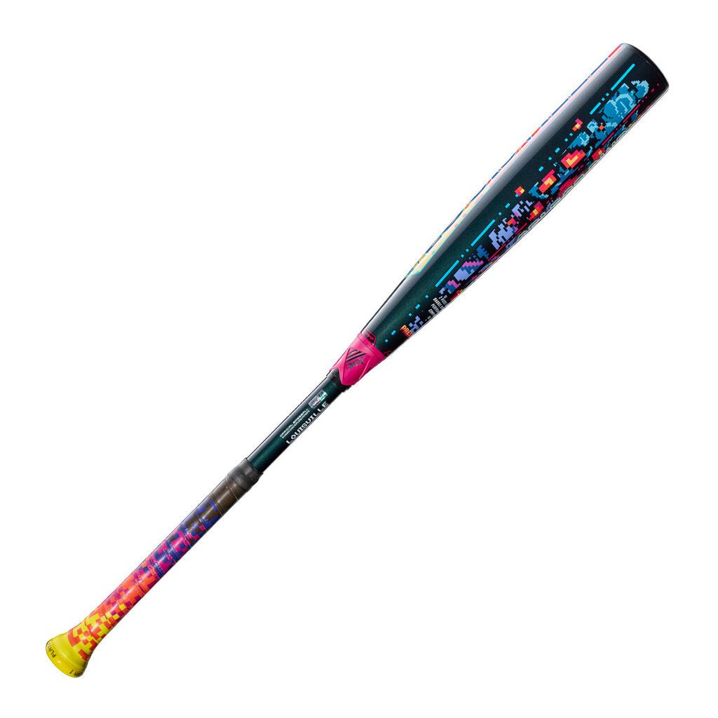Baseball bat with dark teal pixel graphics and yellow grip end