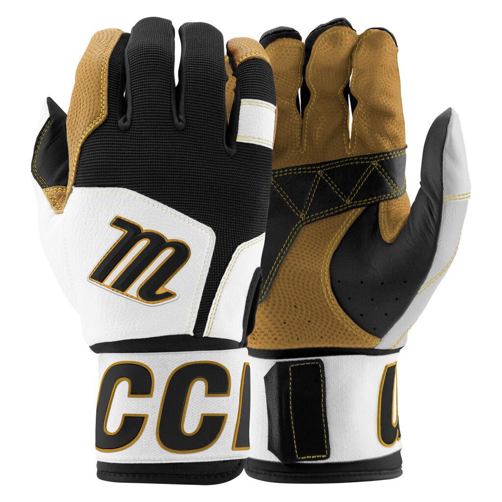 Full-wrap batting gloves, black and tan with white panels and logo patch