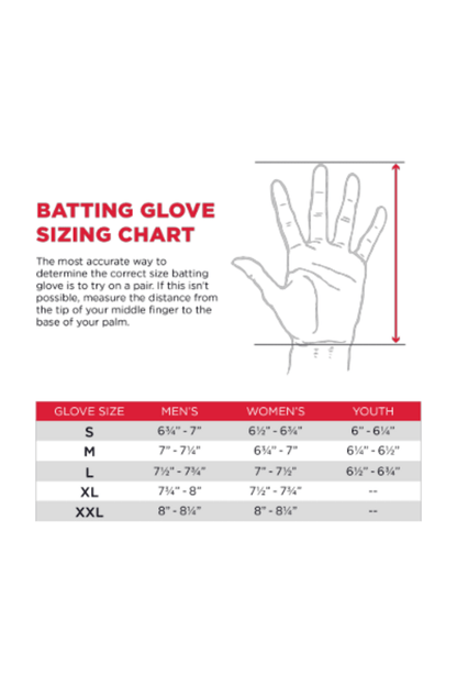 Batting glove sizing chart with glove size S–XXL for men, women, and youth